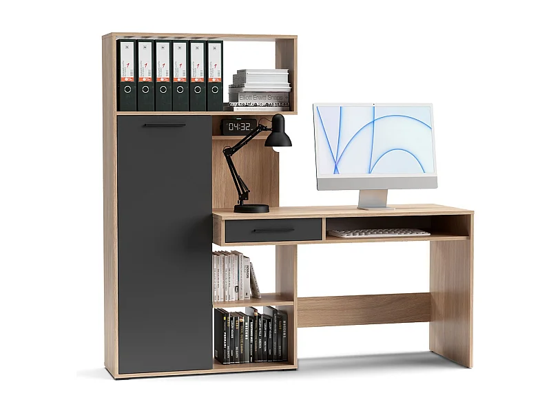 Bureau avec armoire de rangement L150cm Hobbun Bois clair et Gris