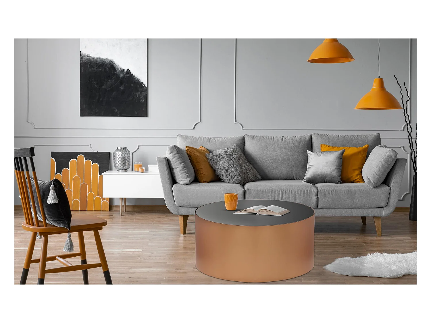 Table Basse Design "Sela" 88cm Cuivre & Noir