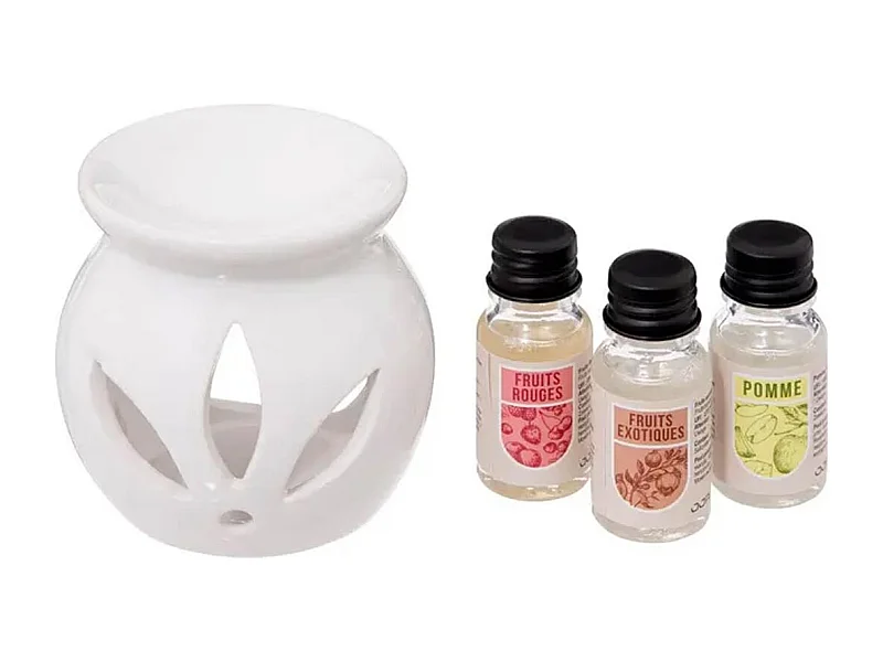 Brûle-Parfum & 3 Flacons d'Huiles "Pura" 10ml Fruits