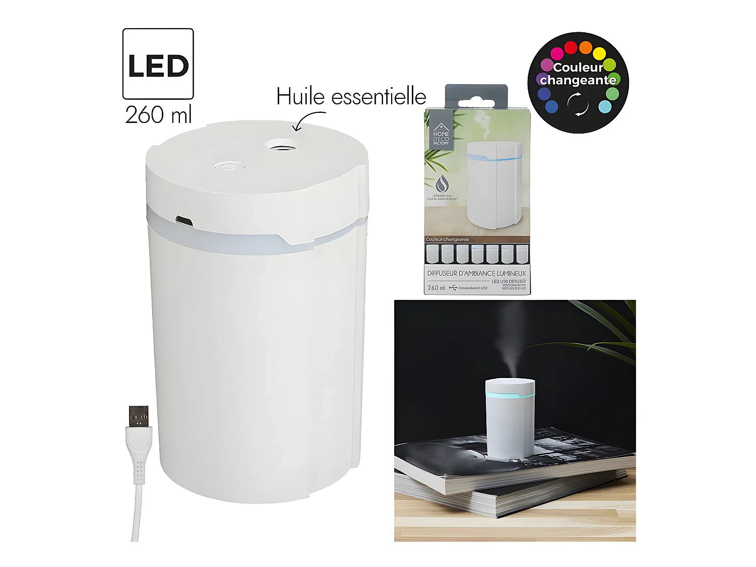 Diffuseur d'Huile Essentielle USB "Led" 260ml Blanc