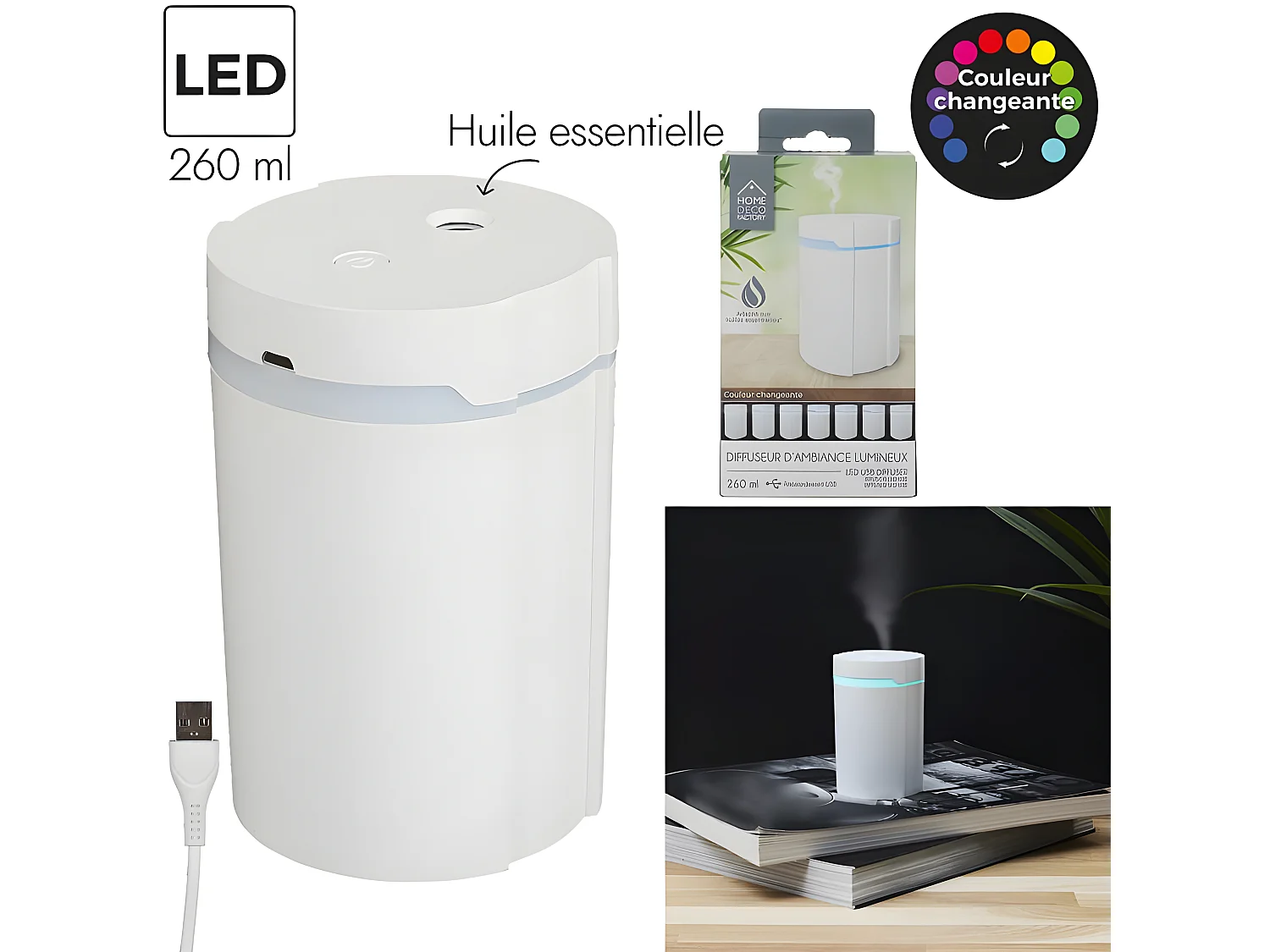 Diffuseur d'Huile Essentielle USB "Led" 260ml Blanc