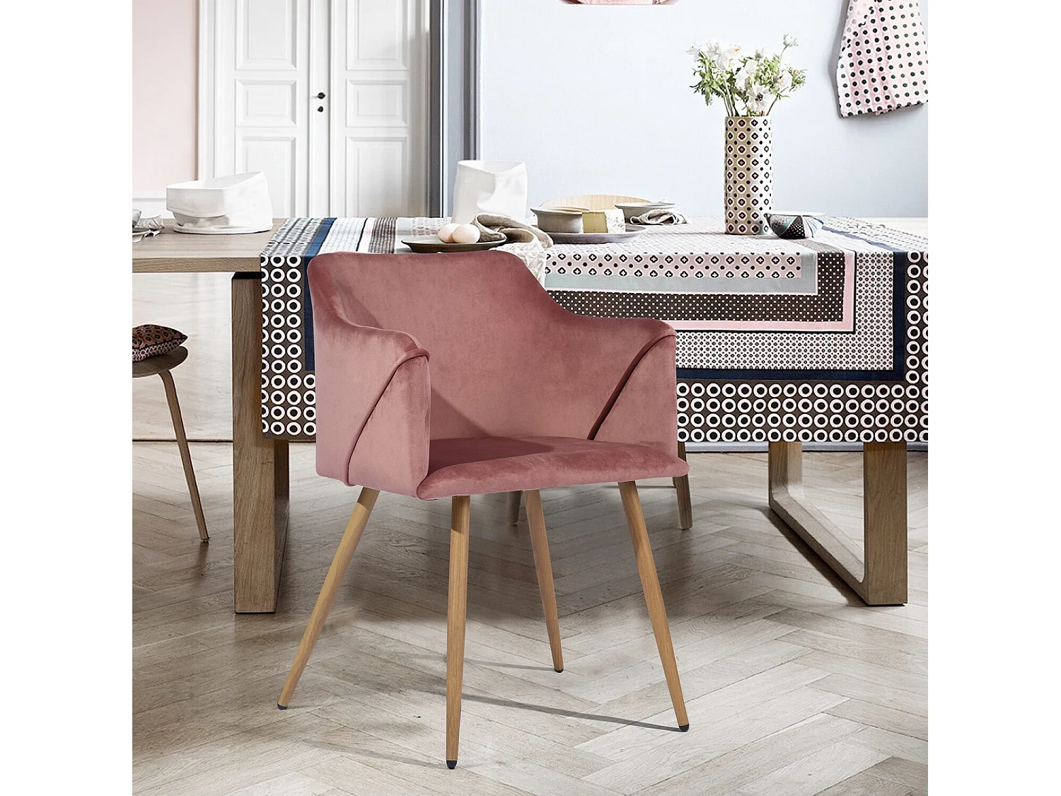 URBAN MEUBLE Lot de 2 chaises scandinaves velours rose avec accoudoirs pieds chêne 53*54*75cm