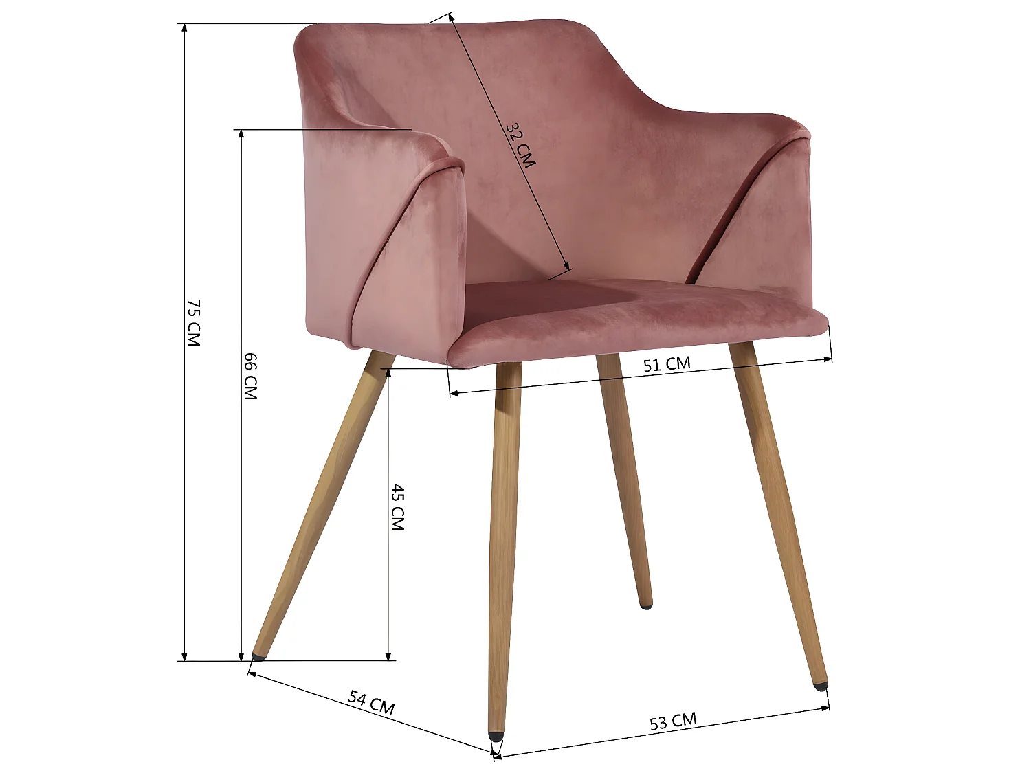 URBAN MEUBLE Lot de 2 chaises scandinaves velours rose avec accoudoirs pieds chêne 53*54*75cm