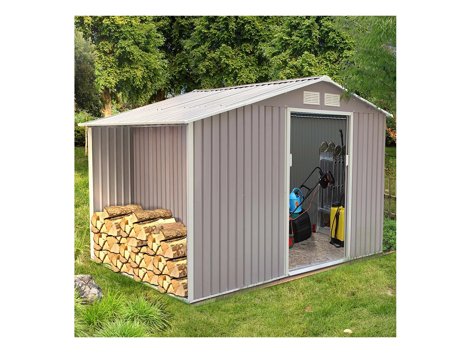 Caseta de jardín de acero anticorrosión con leñera techada 8,72 m² VENTOUX