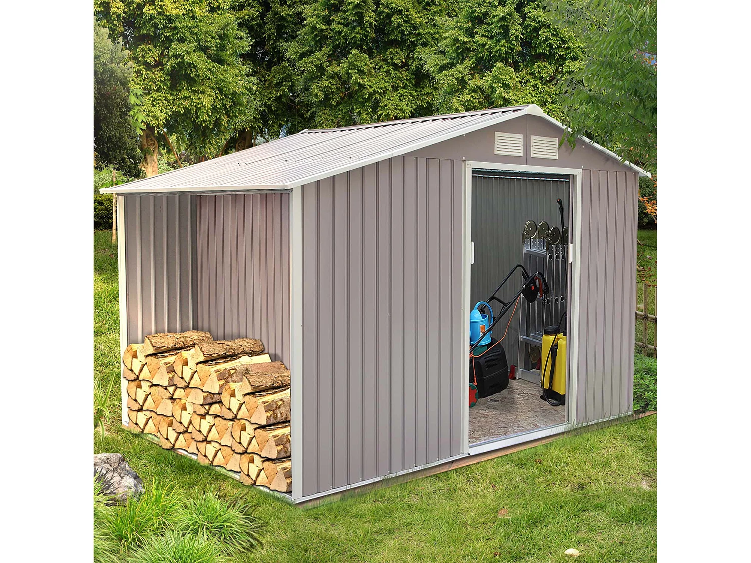 Abri de jardin avec abri bûches 8,72 m² en acier gris VENTOUX