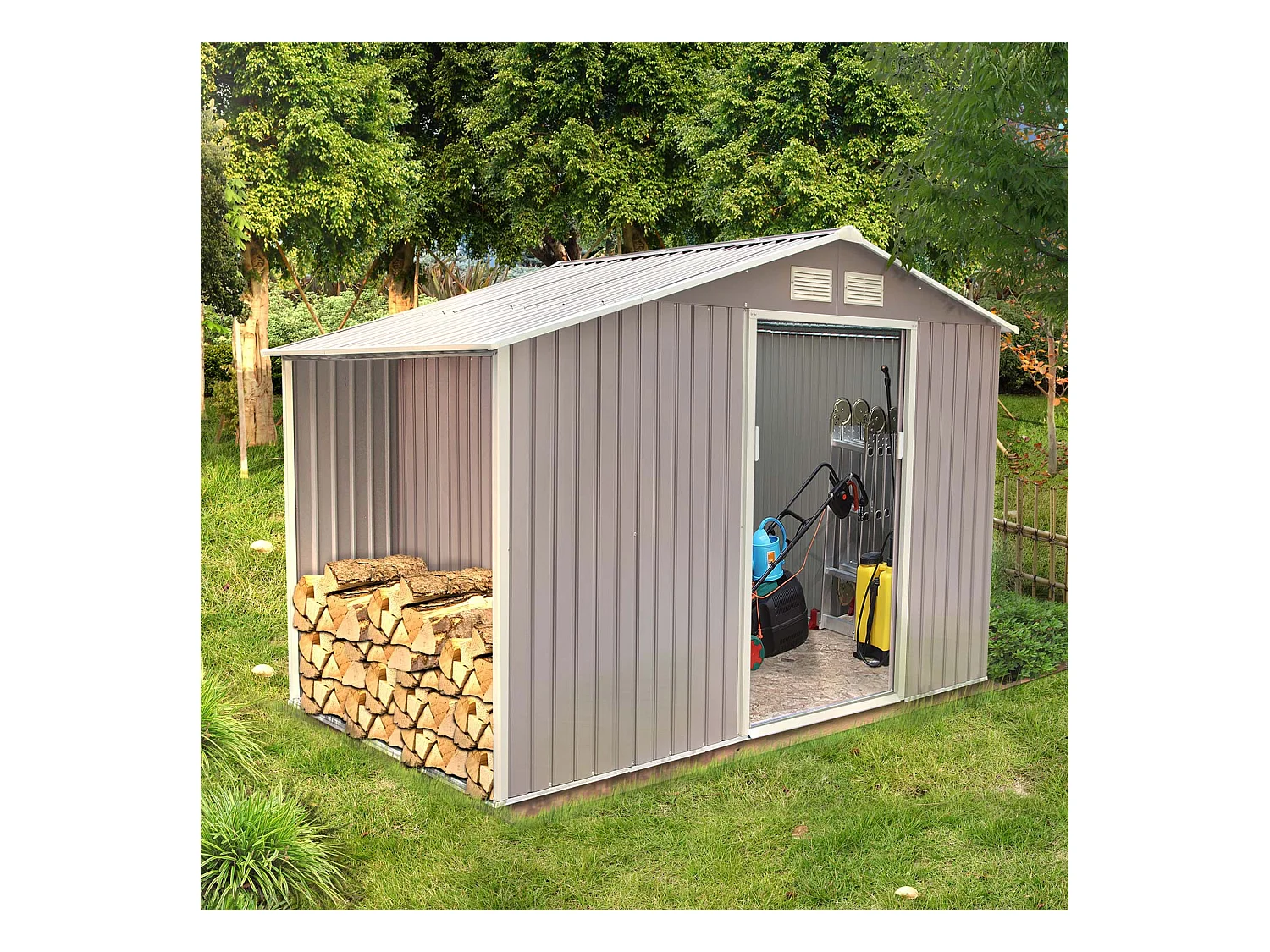 Caseta de jardín de acero anticorrosión con leñera techada 6,53 m² VENTOUX