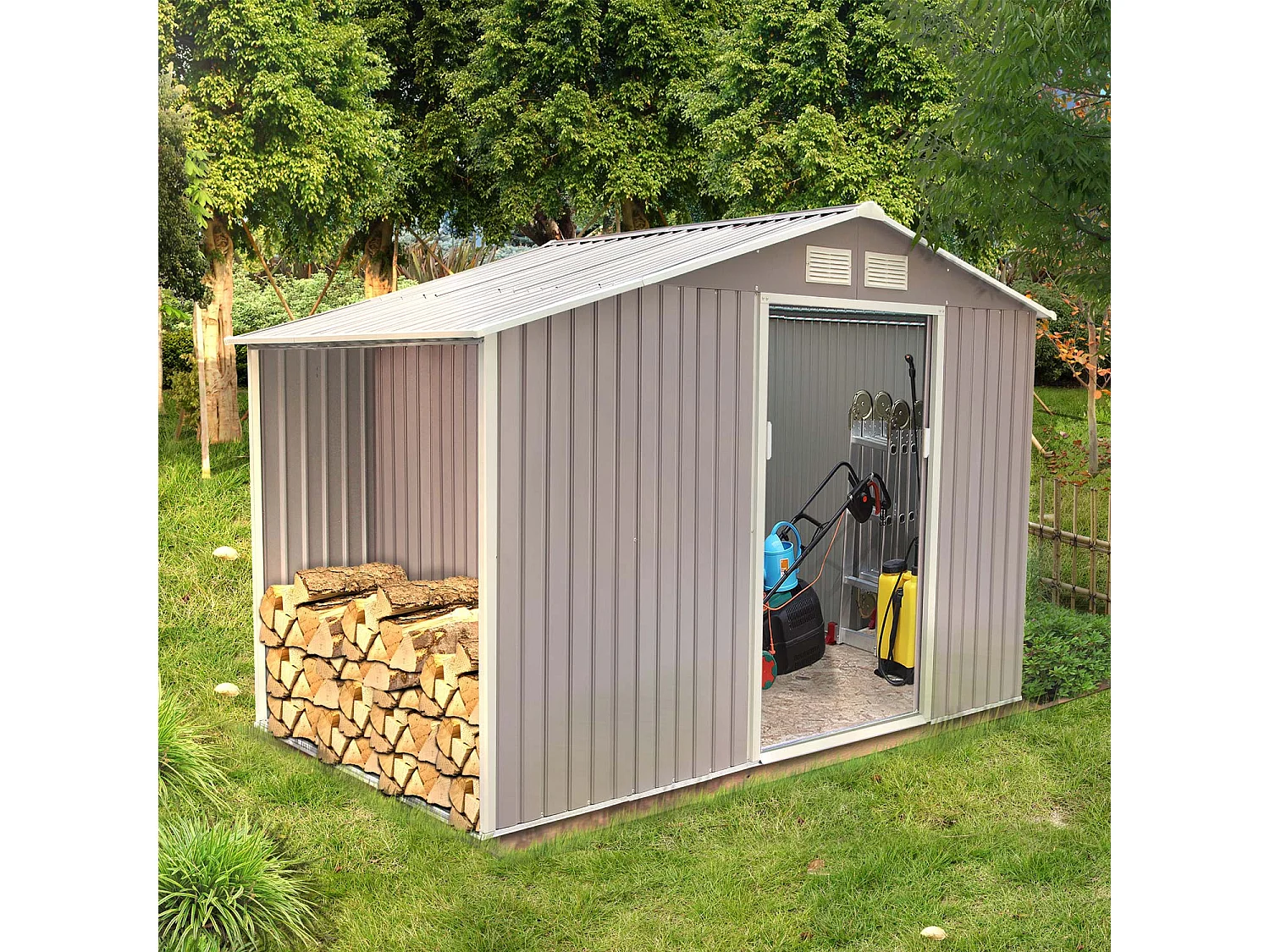 Abri de jardin avec abri bûches 6,53 m² en acier gris VENTOUX
