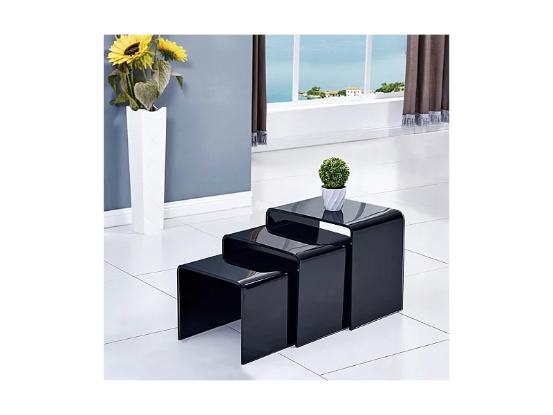 Lot de 3 tables basses gigogne en verre trempé noir - ICE