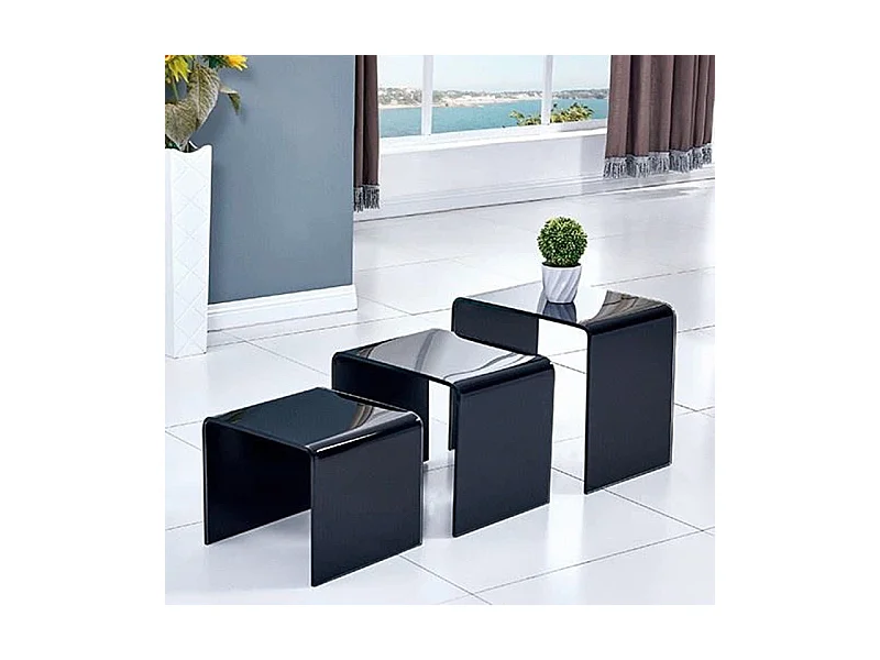 Lot de 3 tables basses gigogne en verre trempé noir - ICE