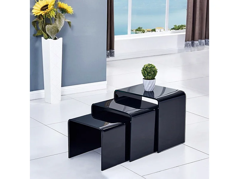 Lot de 3 tables basses gigogne en verre trempé noir - ICE
