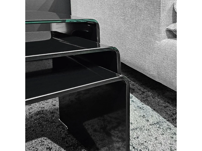 Lot de 3 tables basses gigogne en verre trempé noir - ICE