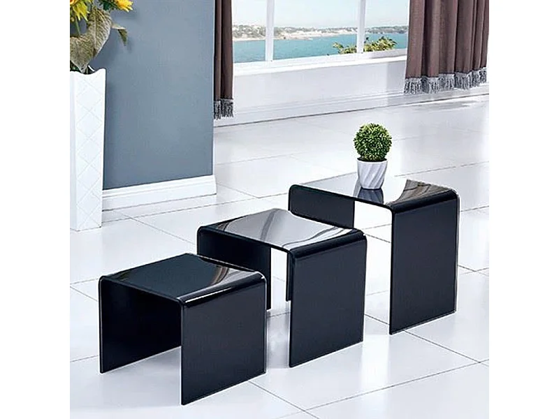 Lot de 3 tables basses gigogne en verre trempé noir - ICE