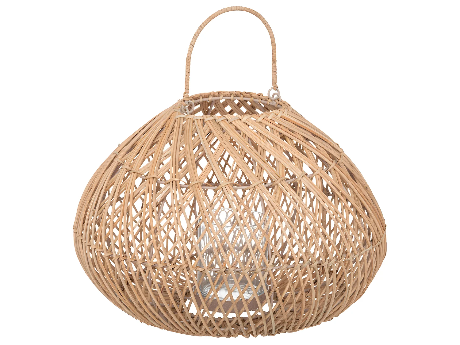 Lanterne Photophore en Métal et Rotin Bougeoir en Verre  D 37 x H 38 cm