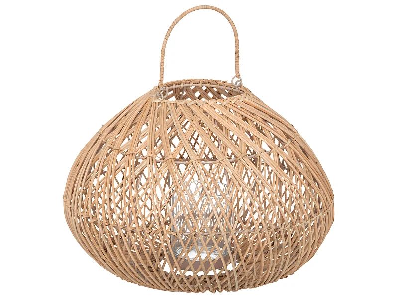 Lanterne Photophore en Métal et Rotin Bougeoir en Verre  D 37 x H 38 cm