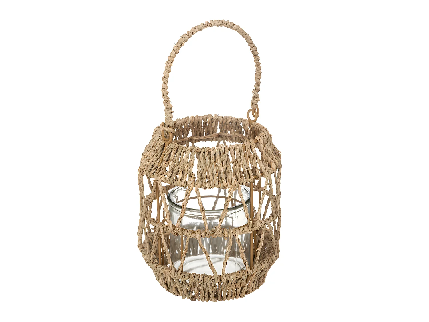 Lanterne Photophore en Métal et Rotin Bougeoir en Verre  D 17 x H 18 cm