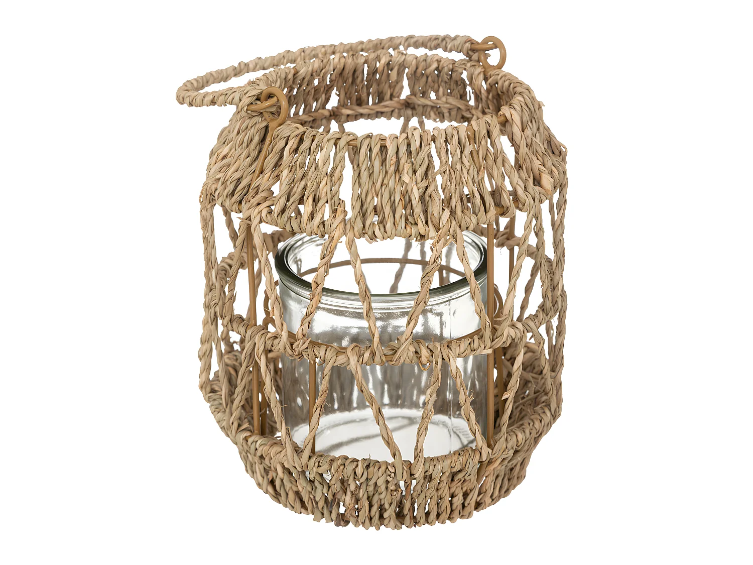 Lanterne Photophore en Métal et Rotin Bougeoir en Verre  D 17 x H 18 cm