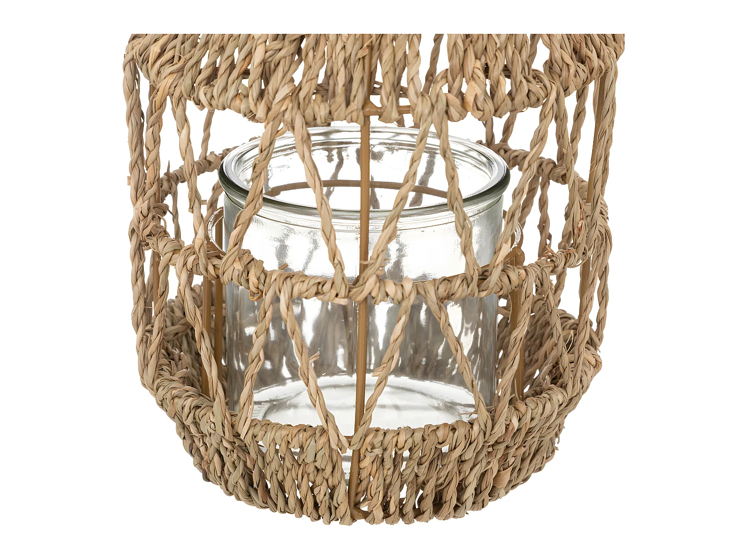 Lanterne Photophore en Métal et Rotin Bougeoir en Verre  D 17 x H 18 cm