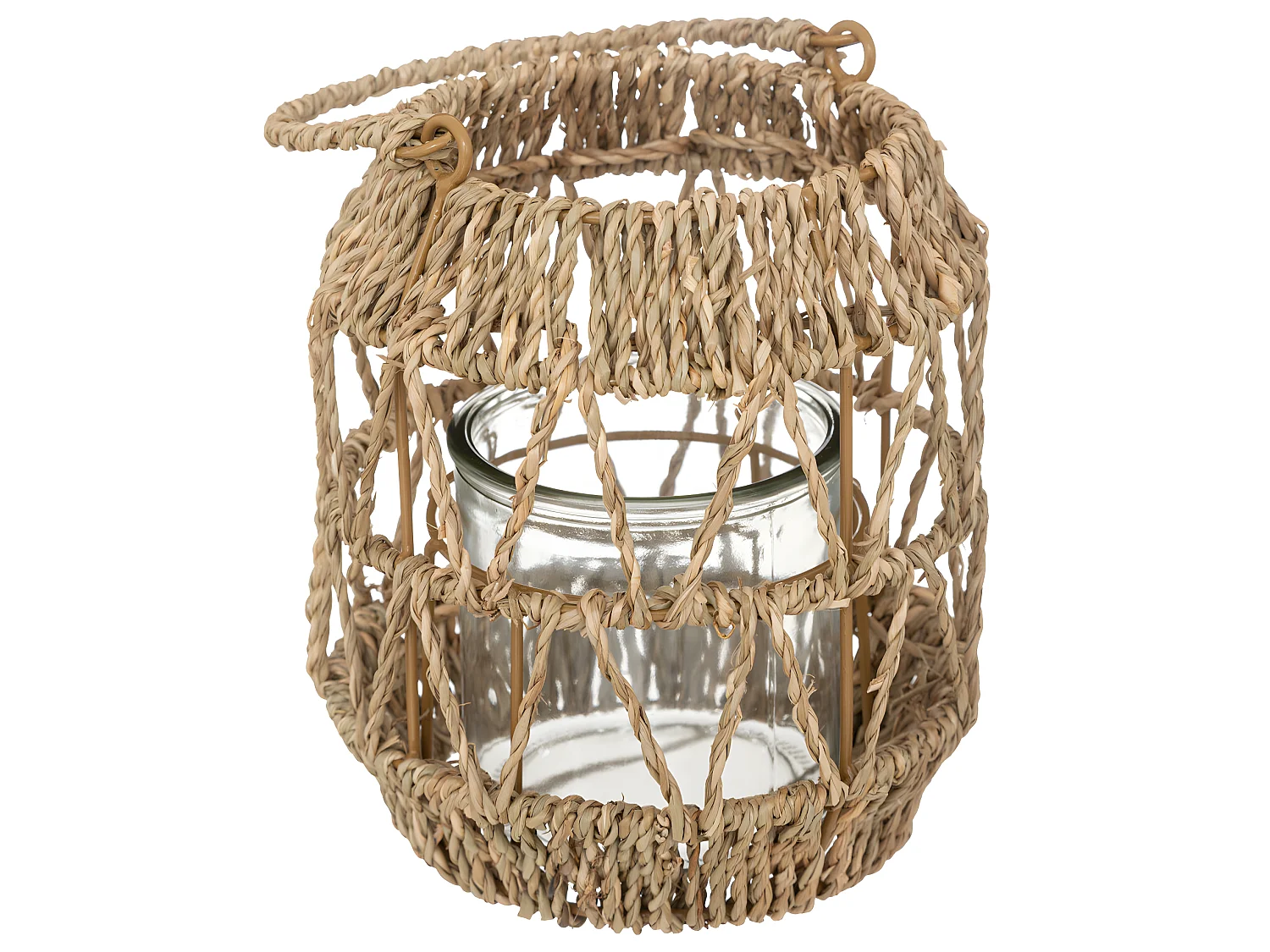 Lanterne Photophore en Métal et Rotin Bougeoir en Verre  D 17 x H 18 cm