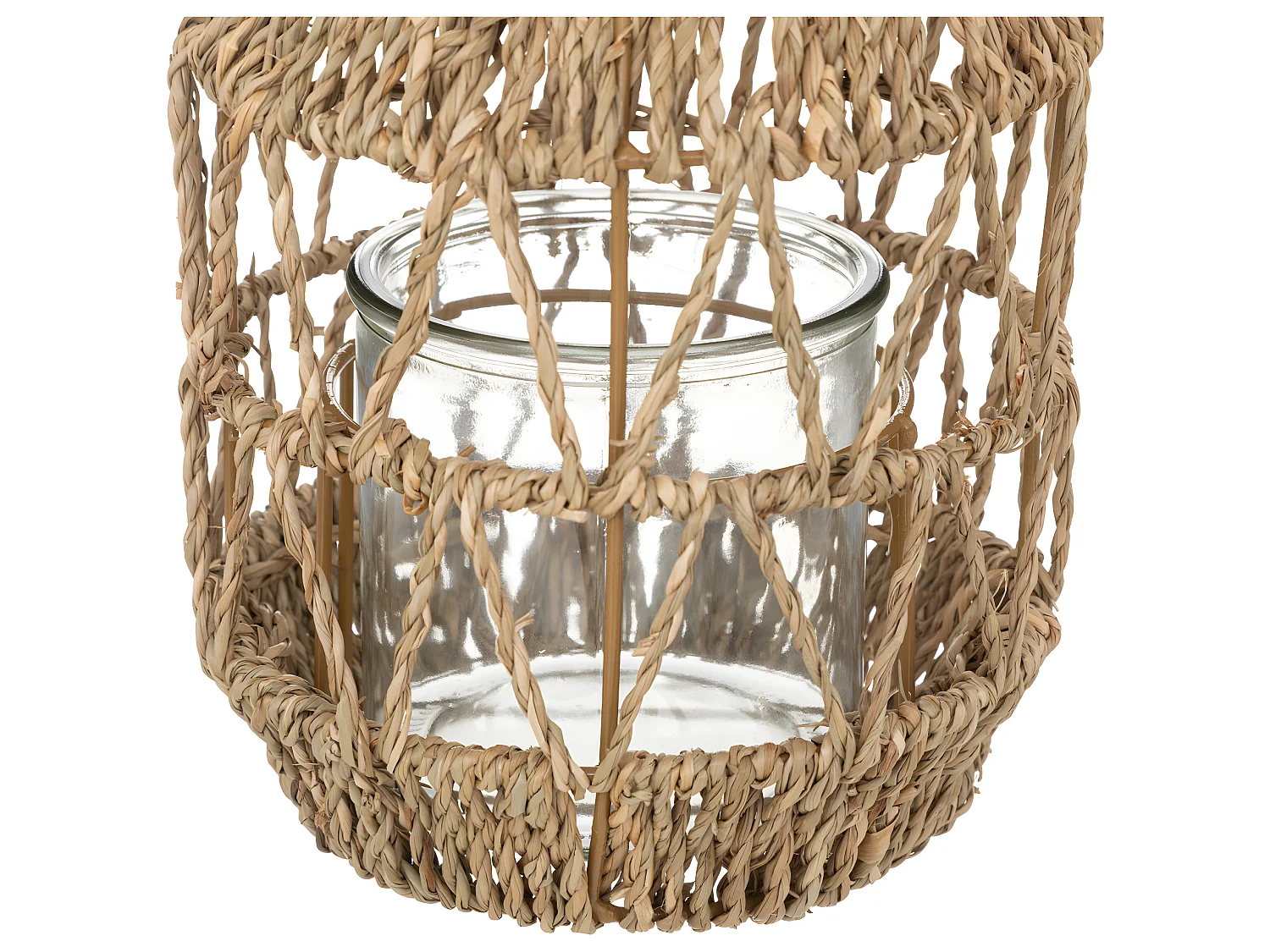 Lanterne Photophore en Métal et Rotin Bougeoir en Verre  D 17 x H 18 cm