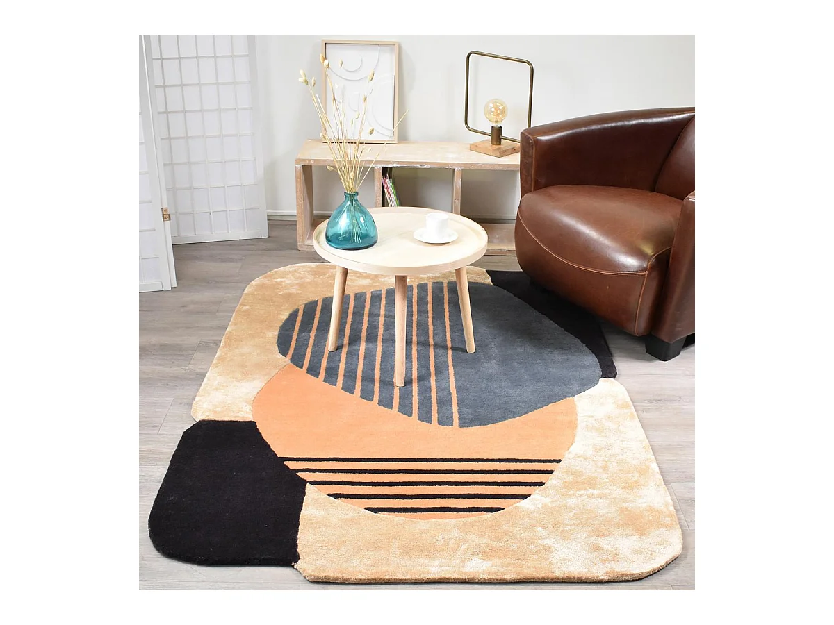 tapis salle à manger 200x290 fait main en laine beige et bleu