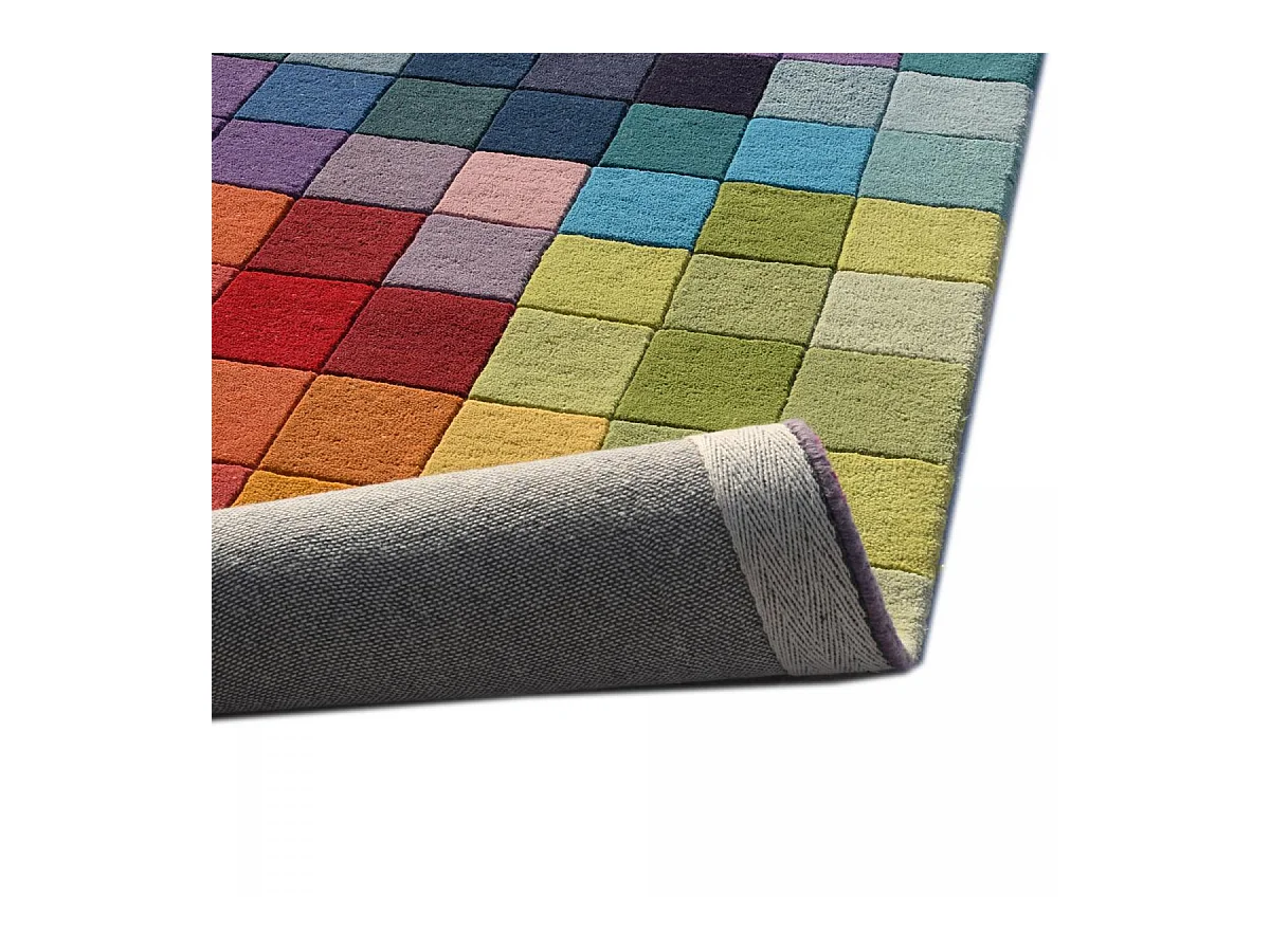 tapis salon 120x170 fait main en laine multicolore rectangle motif damier AXEL