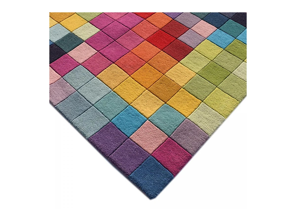 tapis salon 120x170 fait main en laine multicolore rectangle motif damier AXEL