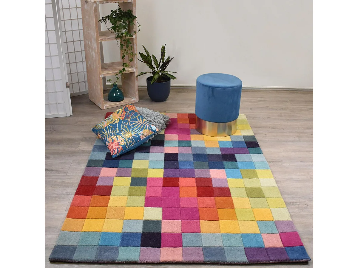 tapis salon 120x170 fait main en laine multicolore rectangle motif damier AXEL