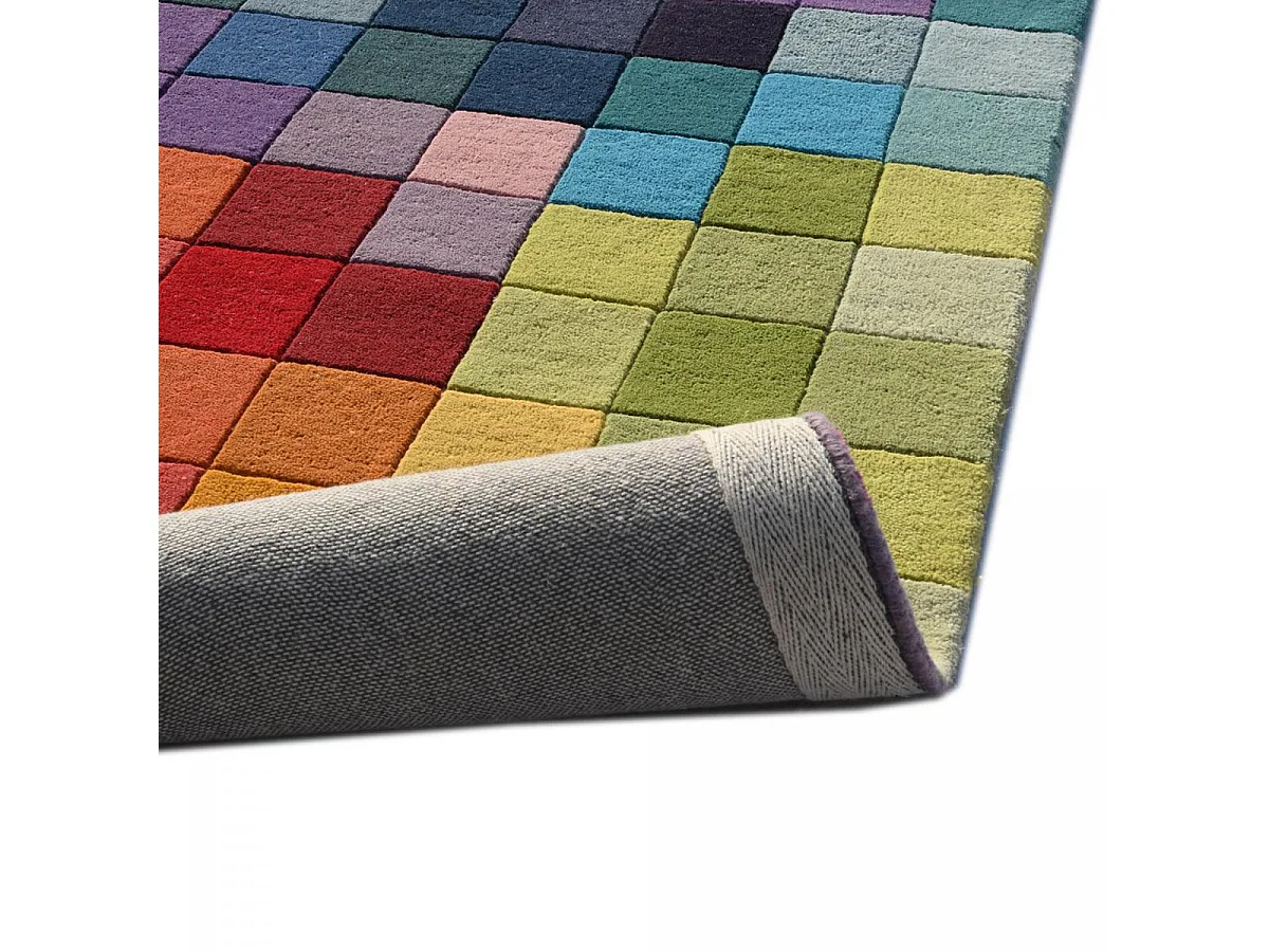 tapis salon 120x170 fait main en laine multicolore rectangle motif damier AXEL