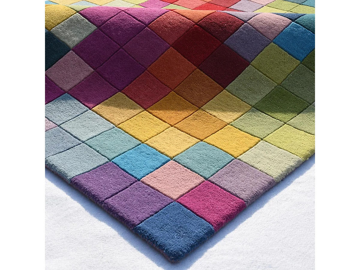 tapis salon 120x170 fait main en laine multicolore rectangle motif damier AXEL