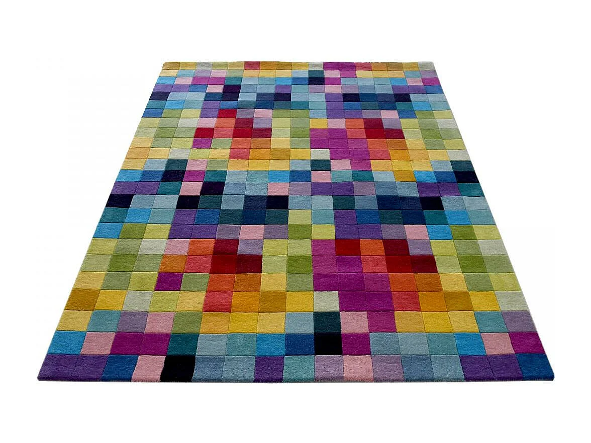 tapis salon 120x170 fait main en laine multicolore rectangle motif damier AXEL