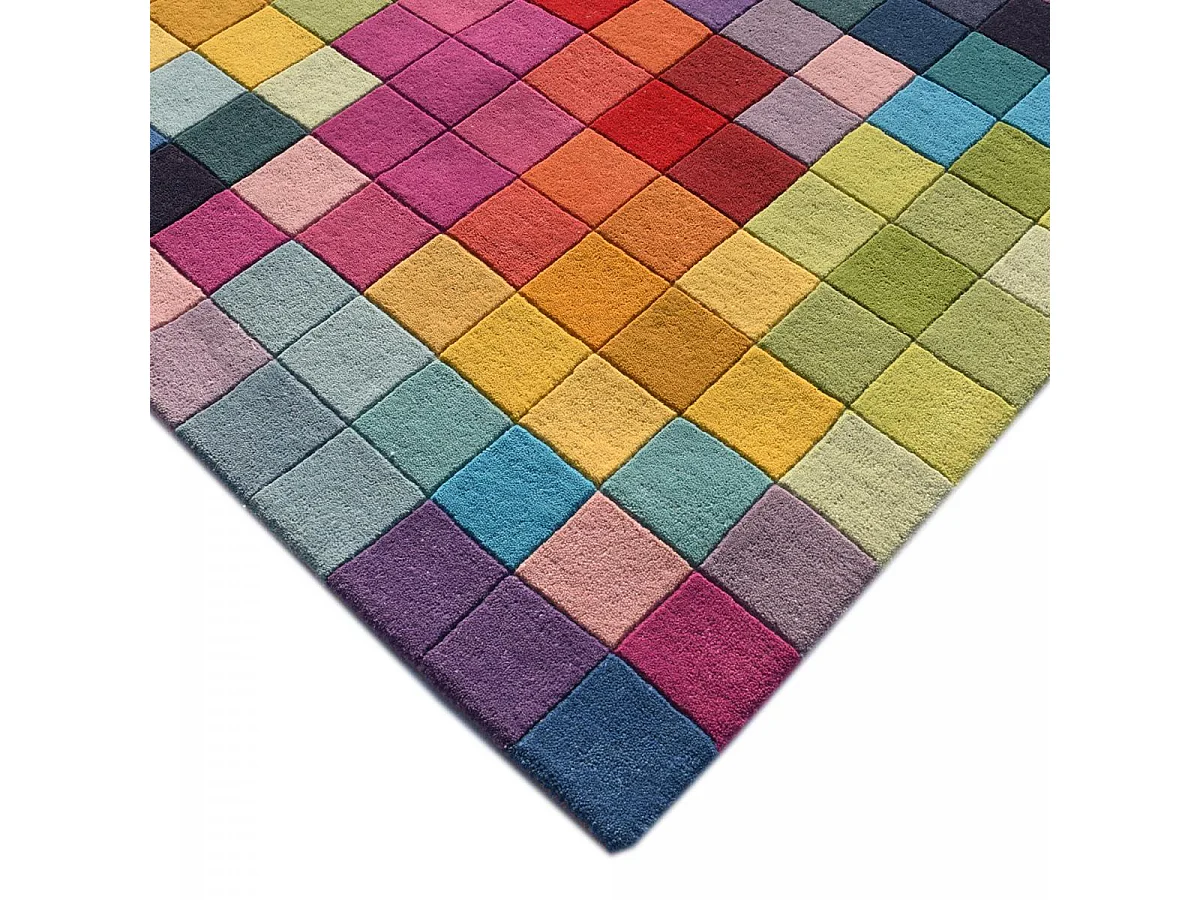 tapis salon 120x170 fait main en laine multicolore rectangle motif damier AXEL