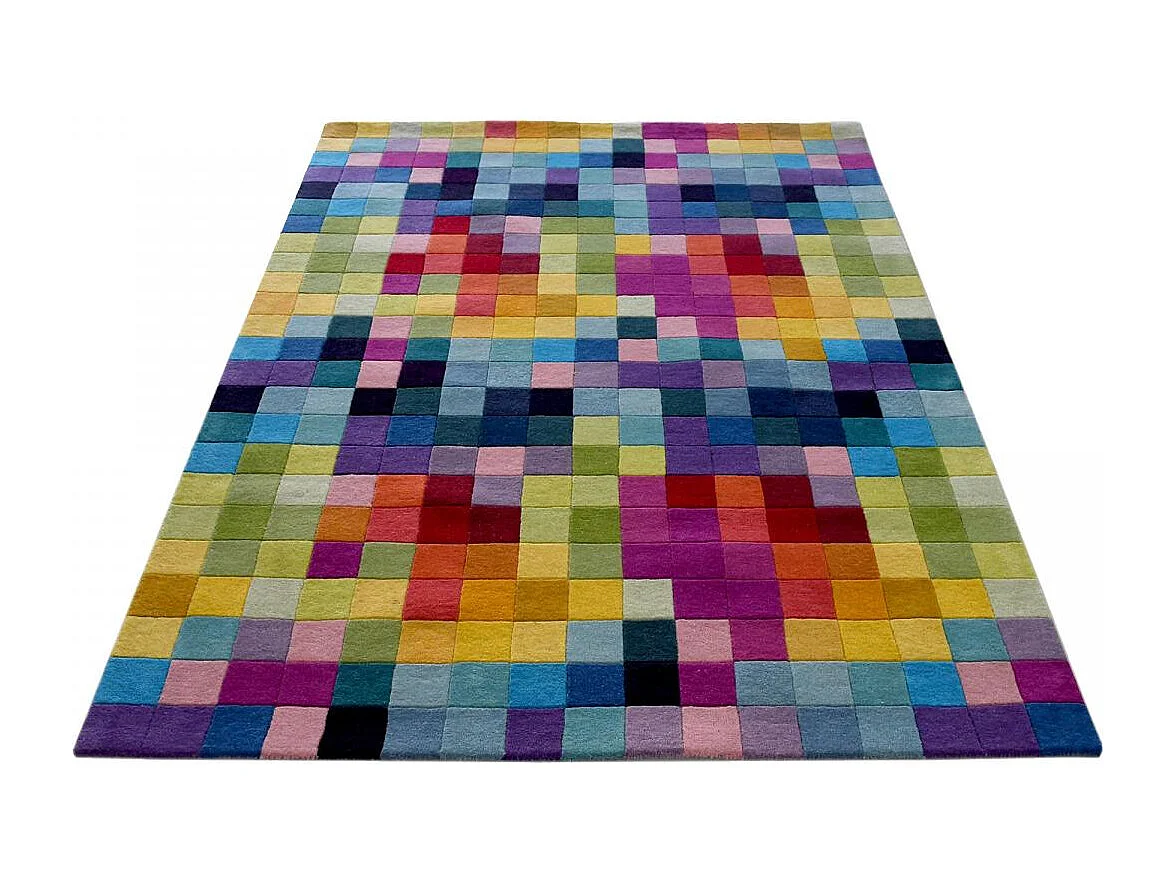 tapis salon 120x170 fait main en laine multicolore rectangle motif damier AXEL