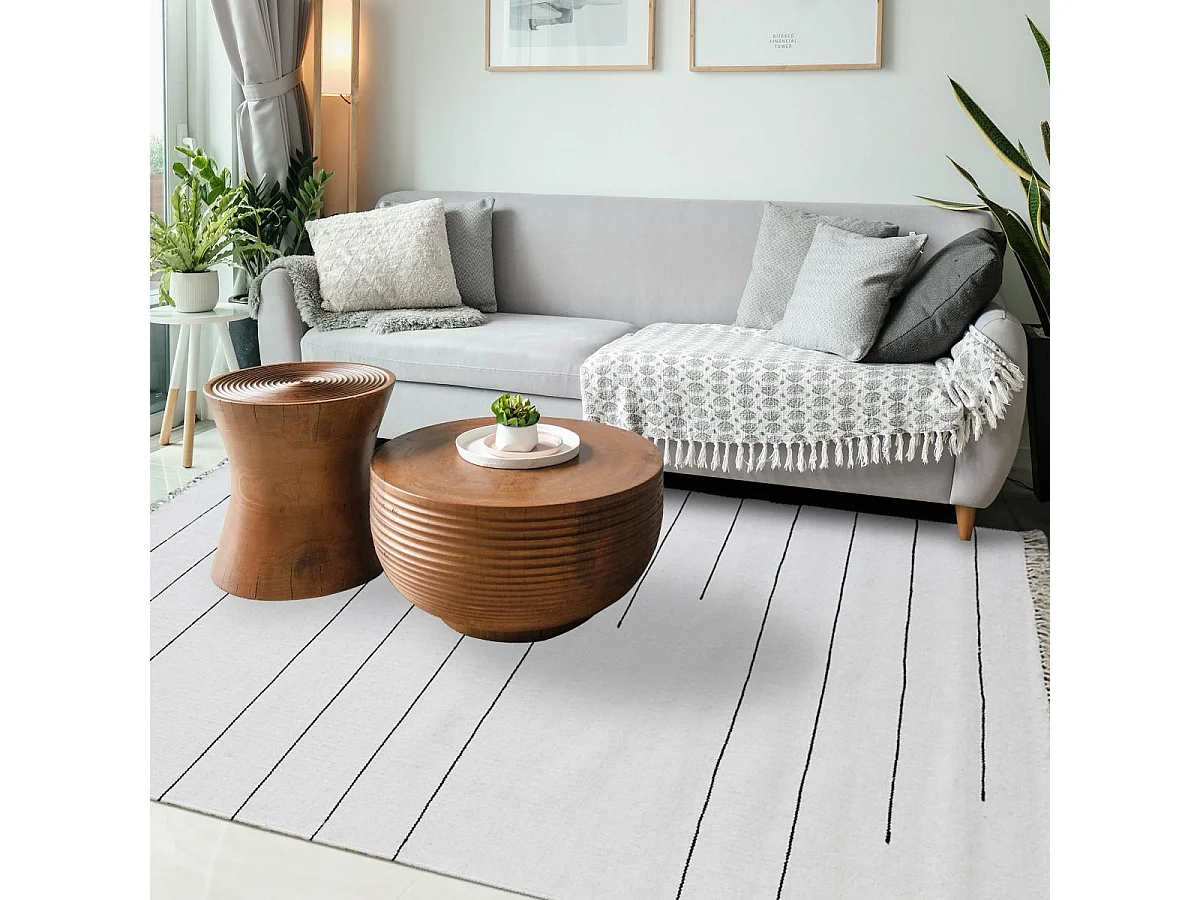 Tapis kilim 120x170 rectangle fait main en laine crème et gris motif simple