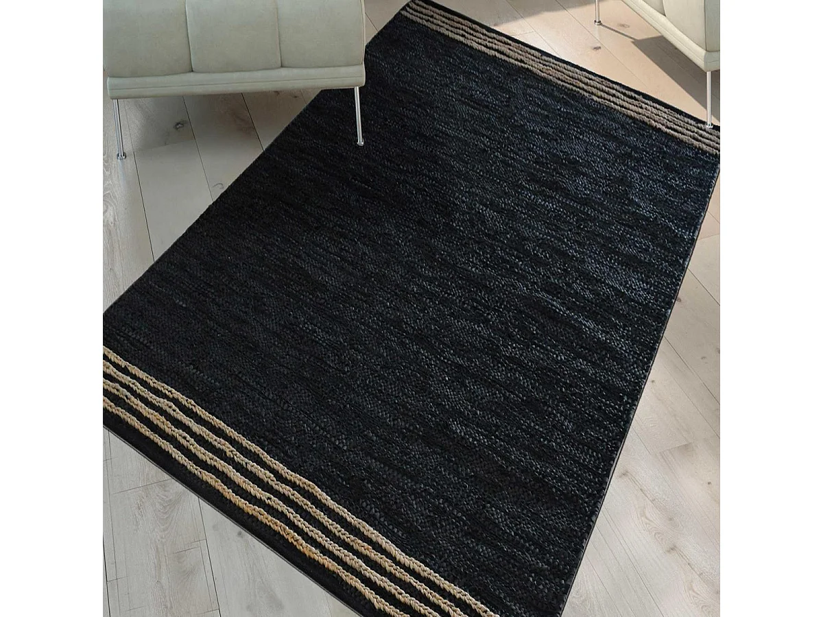 Tapis kilim 120x170 rectangle fait main en cuir noir motif simple CUIRLINE