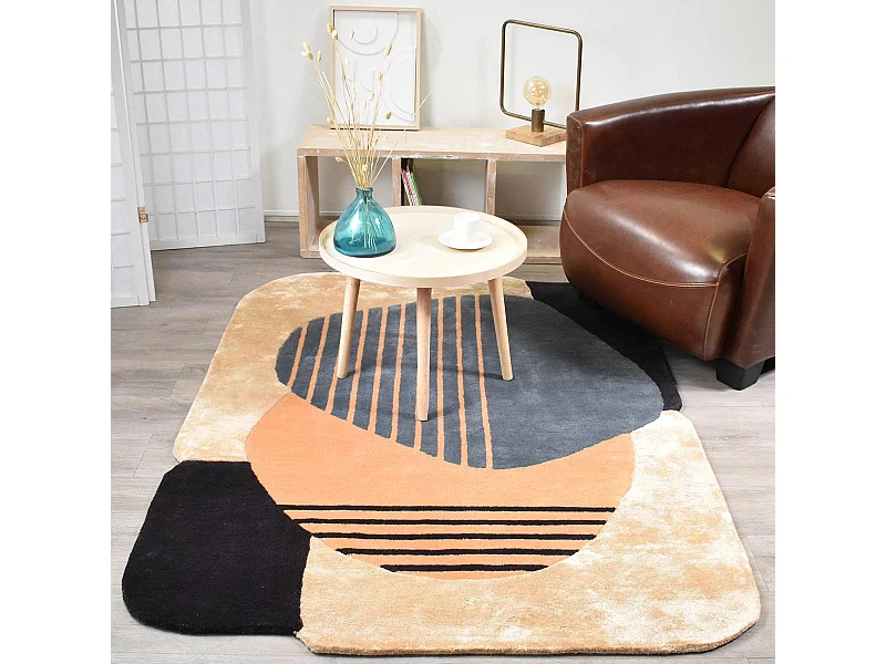 tapis salon 160x230 fait main en laine beige et bleu motif géométrique