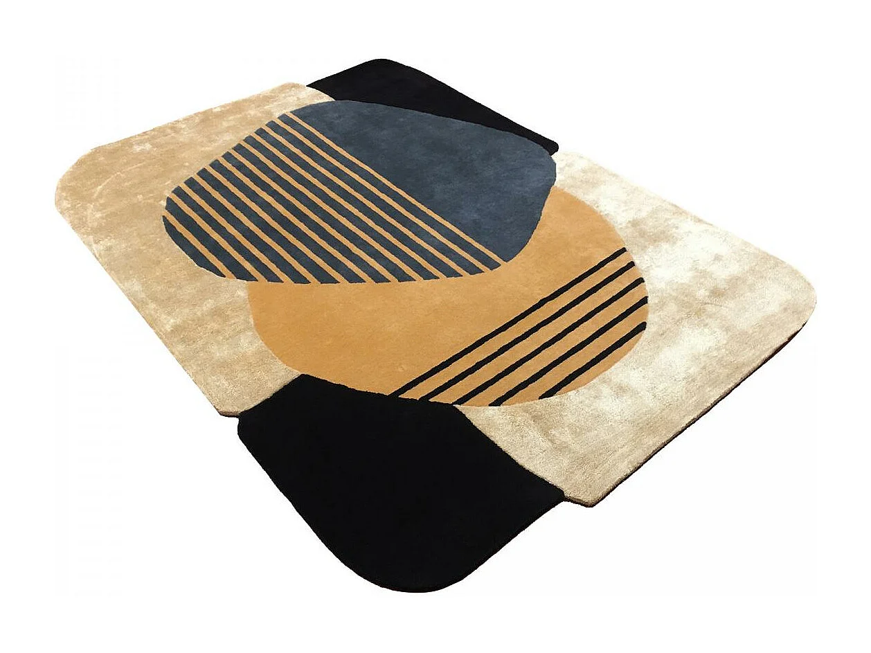 tapis salon 160x230 fait main en laine beige et bleu motif géométrique