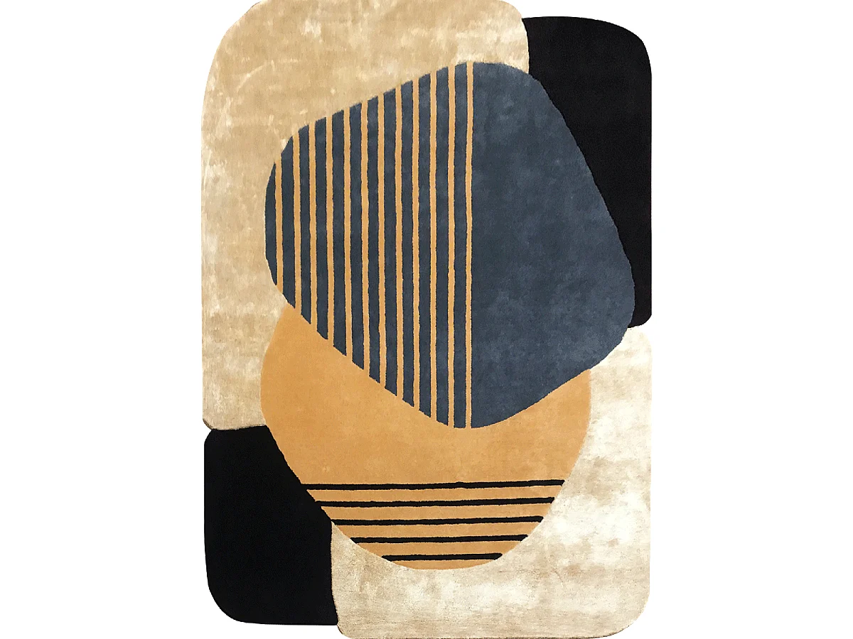 tapis salon 160x230 fait main en laine beige et bleu motif géométrique