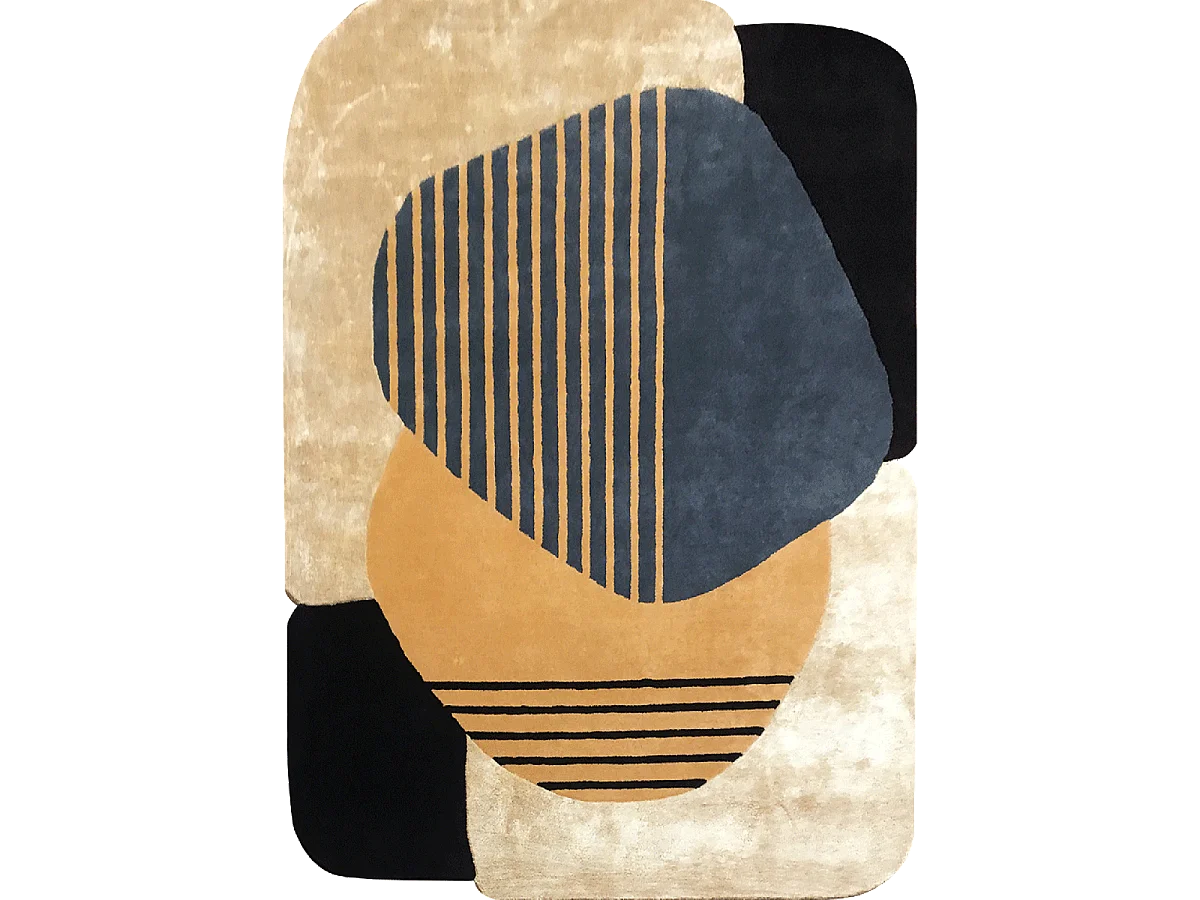 tapis salon 160x230 fait main en laine beige et bleu motif géométrique