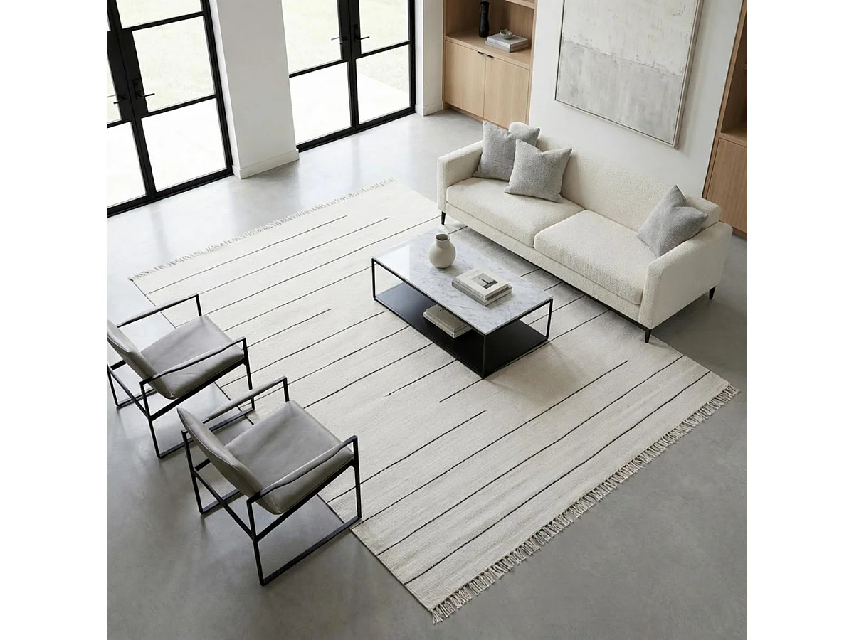 Tappeto Kilim 160x230 rettangolo realizzato a mano in lana panna e grigia modello semplice