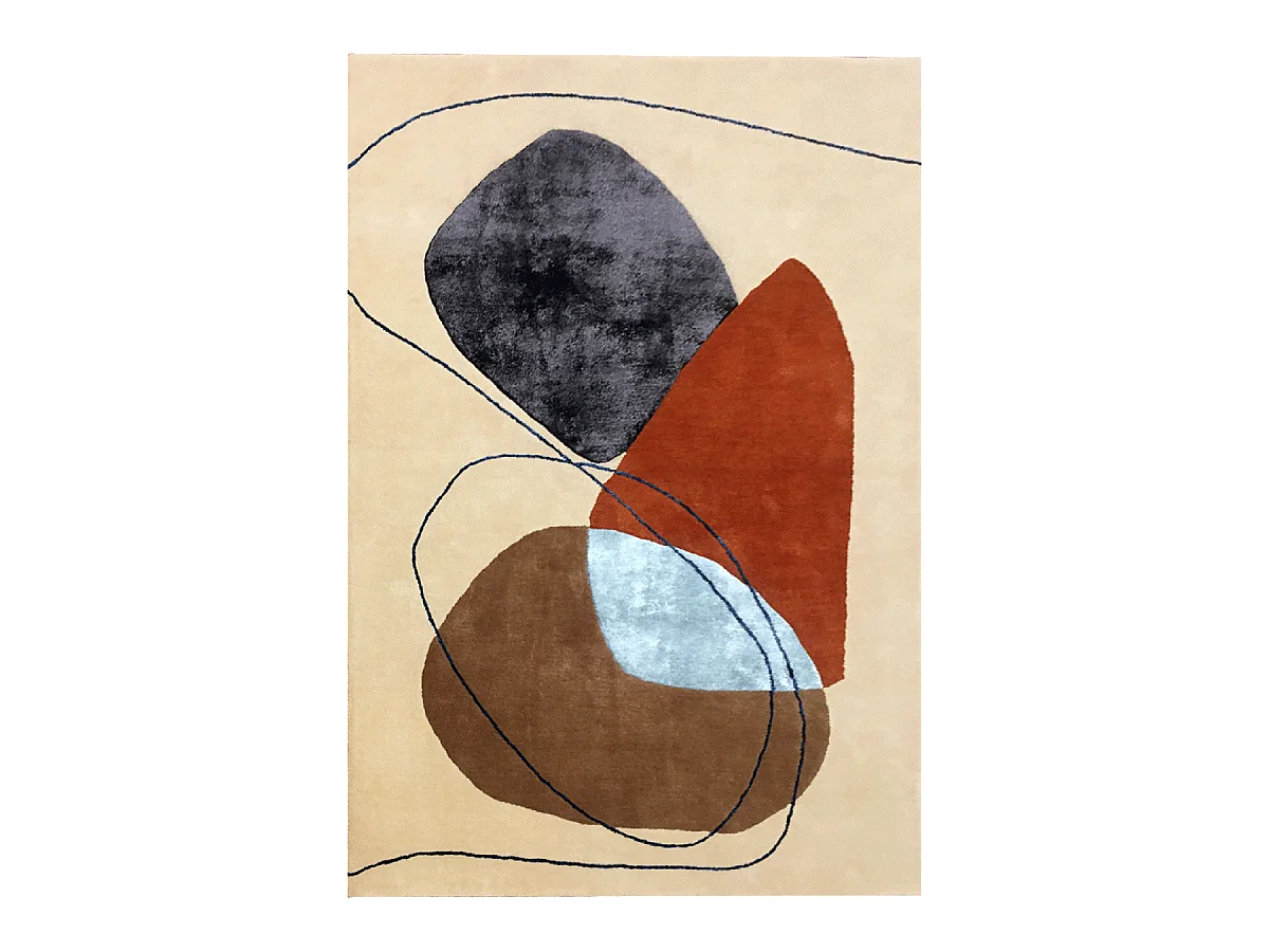 tapis salon 160x230 fait main en laine beige et orange rectangle motif géométrique