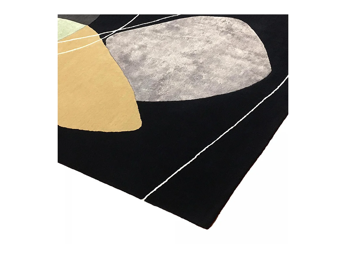 tapis salon 200x290 fait main en laine bleu nuit et beige motif géométrique