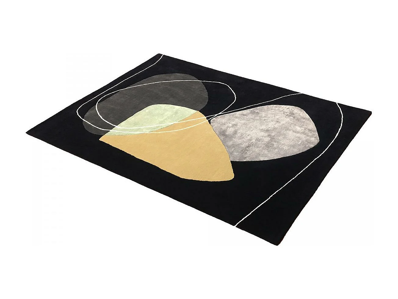 tapis salon 200x290 fait main en laine bleu nuit et beige motif géométrique