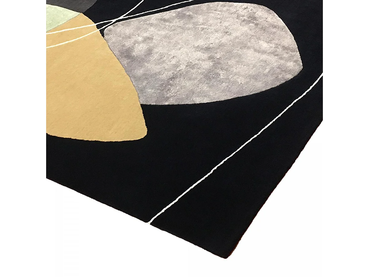 tapis salon 200x290 fait main en laine bleu nuit et beige motif géométrique