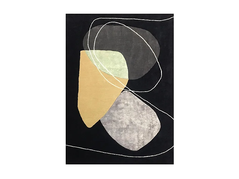 tapis salon 200x290 fait main en laine bleu nuit et beige motif géométrique