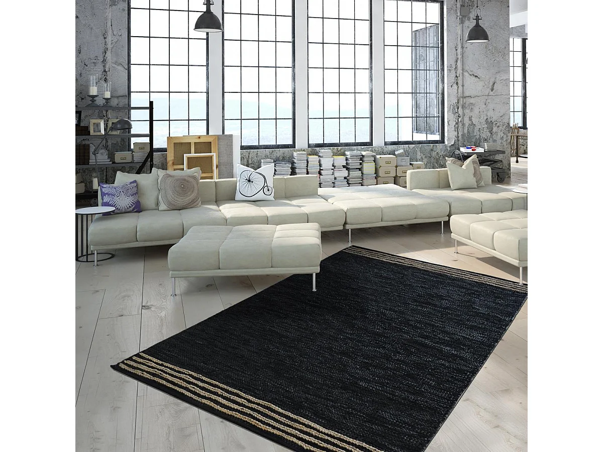 Tapis kilim 80x150 rectangle fait main en cuir noir motif simple CUIRLINE