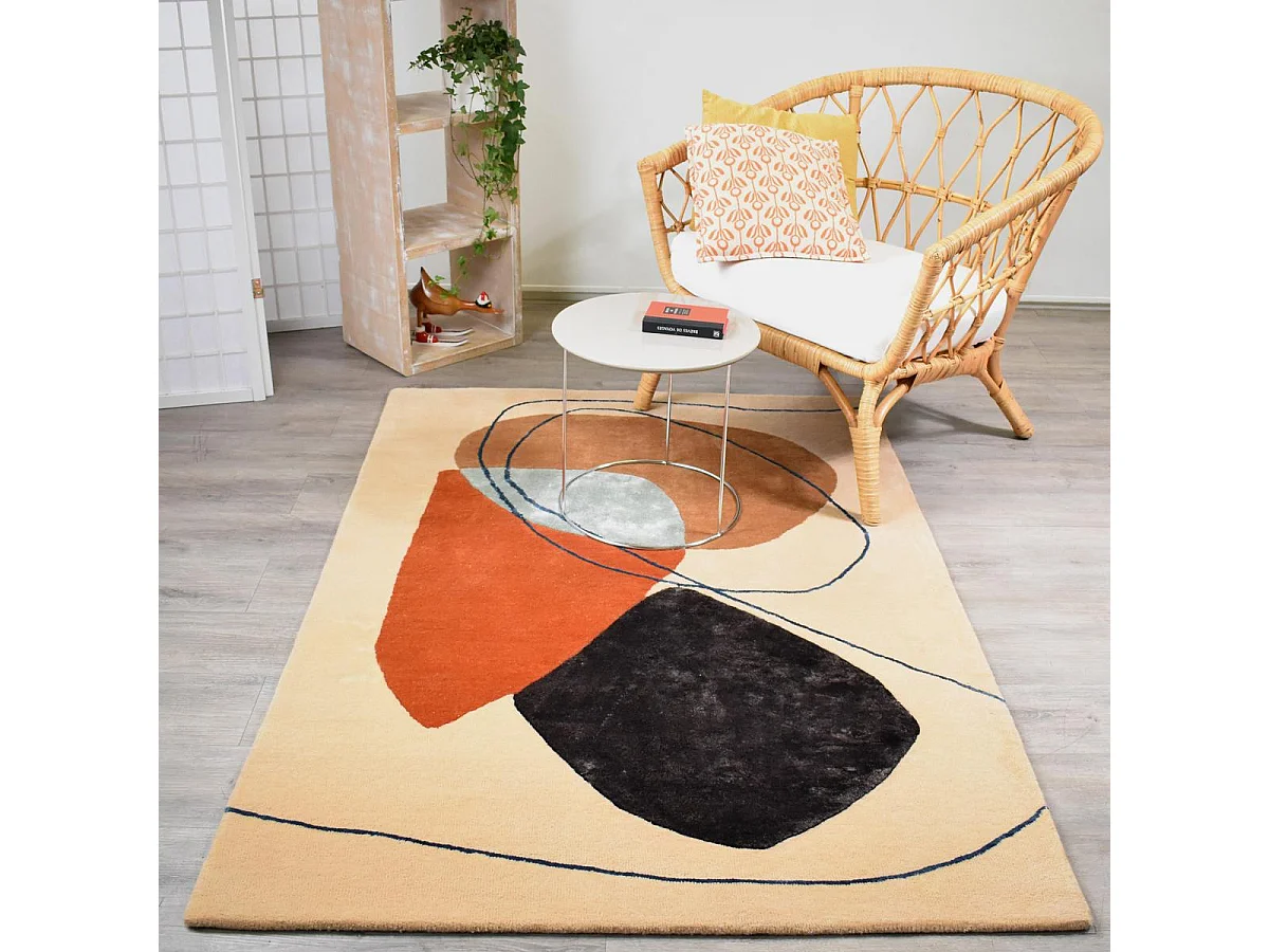 tapis chambre 120x170 fait main en laine beige et orange motif géométrique