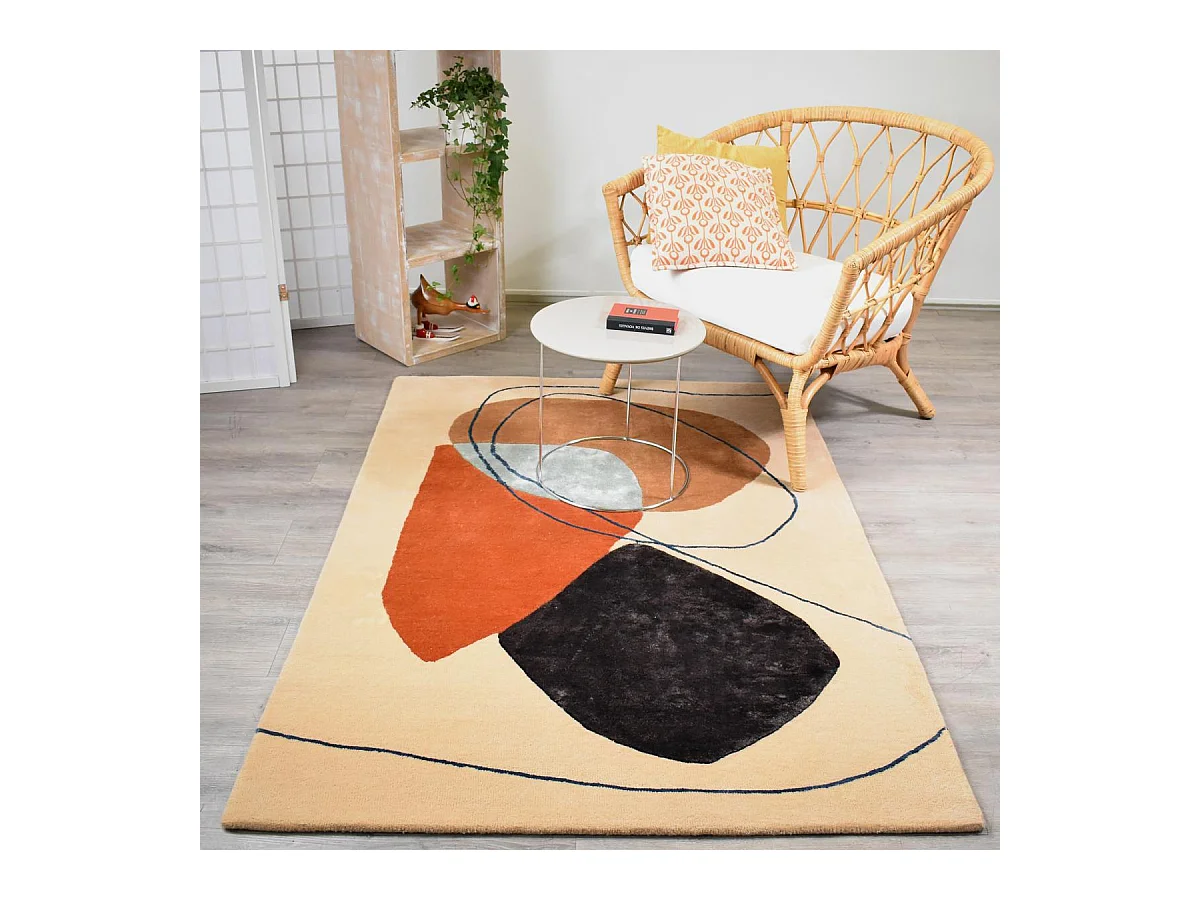 tapis salle à manger 200x290 fait main en laine beige et orange motif géométrique