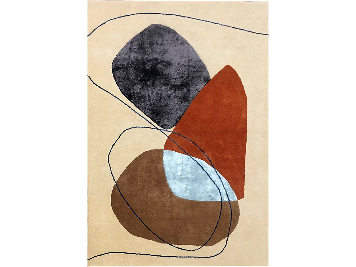 tapis salle à manger 200x290 fait main en laine beige et orange motif géométrique