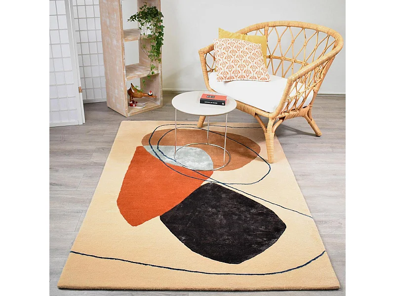 tapis salle à manger 200x290 fait main en laine beige et orange motif géométrique