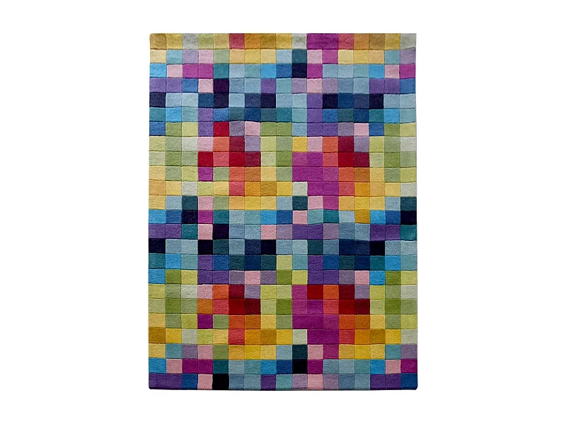 tapis salle à manger 200x290 fait main en laine multicolore rectangle motif damier